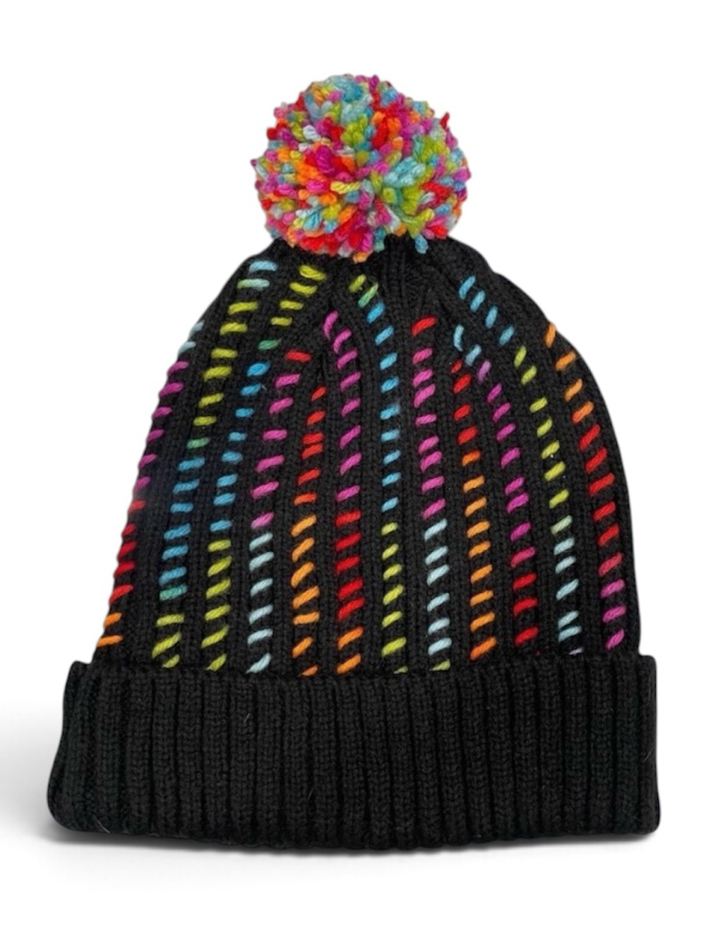 Black and Rainbow Beanie with Pompom